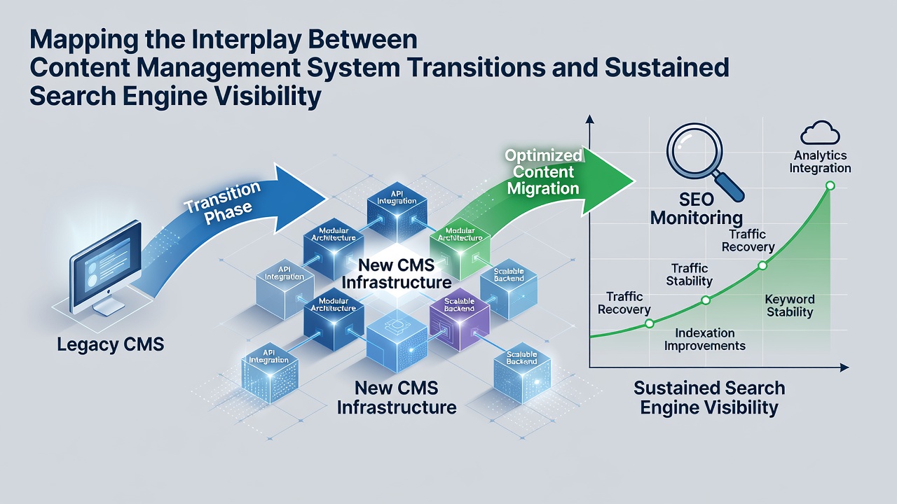 Flowchart showing phased approach to preserving search visibility throughout CMS platform changes
